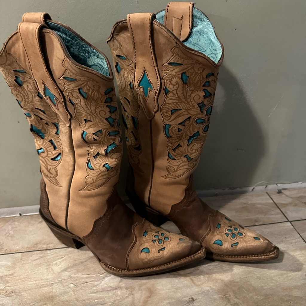 Corral Brown/Turquoise Ladies Laser Cut Boots Size 6.5